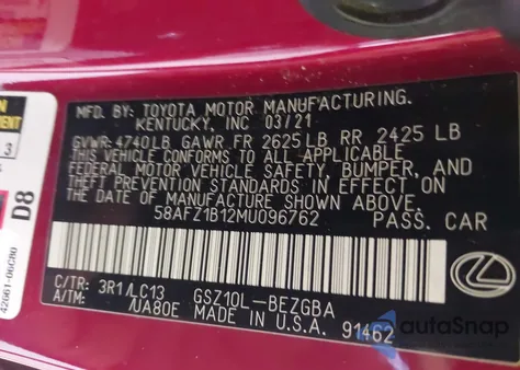 2021 Lexus Es 350 Ultra Luxury from USA, damaged, VIN 58AFZ1B12MU096762